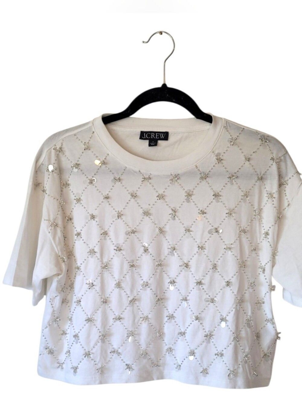 J. Crew White Beaded Sequin Grid Short Sleeve Top Size S